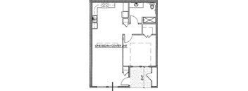 A floor plan of a one bedroom center unit with a kitchen area.