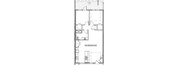 A floor plan of a two bedroom unit with a living room, kitchen, and bathroom.