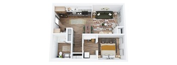 1 bedroom 1 bathroom floor plan with kitchen and walk-in closet