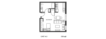 A black and white image of a floor plan for a 558 sq ft unit.