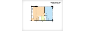 A floor plan of a one bedroom unit with a kitchen/living area, bathroom, and bedroom.