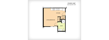 A floor plan of a 330 square foot studio unit with a living/bedroom, kitchen, bath, and closet.