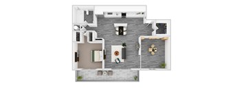 A top-down view of a modern apartment layout with a kitchen, living room, and dining area.