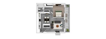 A top down view of a small apartment with a bed, a couch, a table, and a small kitchen area.