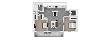 A top down view of a modern apartment with a living room, dining area, kitchen, and two bedrooms.