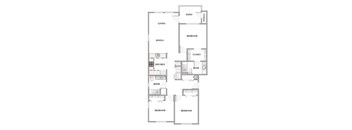 A floor plan of a house with a kitchen, living room, dining room, two bedrooms, a bathroom, a closet, and a storage area.