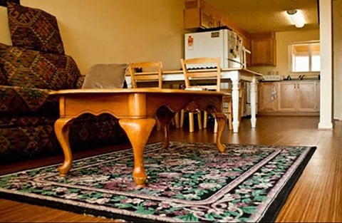 a living room with a wooden table and a rug