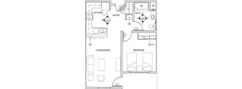 A floor plan of a home with a living room, dining room, kitchen, and two bedrooms.