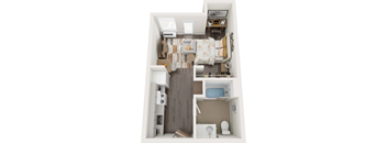 a stylized floor plan with a bedroom and a bathroom