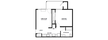 A floor plan of a small apartment with a living room, bedroom, kitchen, and bathroom.