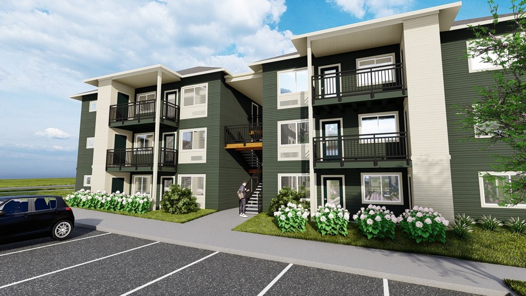 a rendering of a three story apartment building with balconies