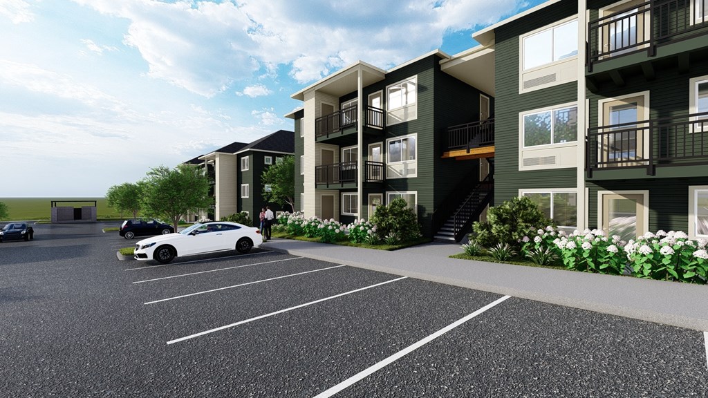 a rendering of an apartment building with a white car parked in front of it