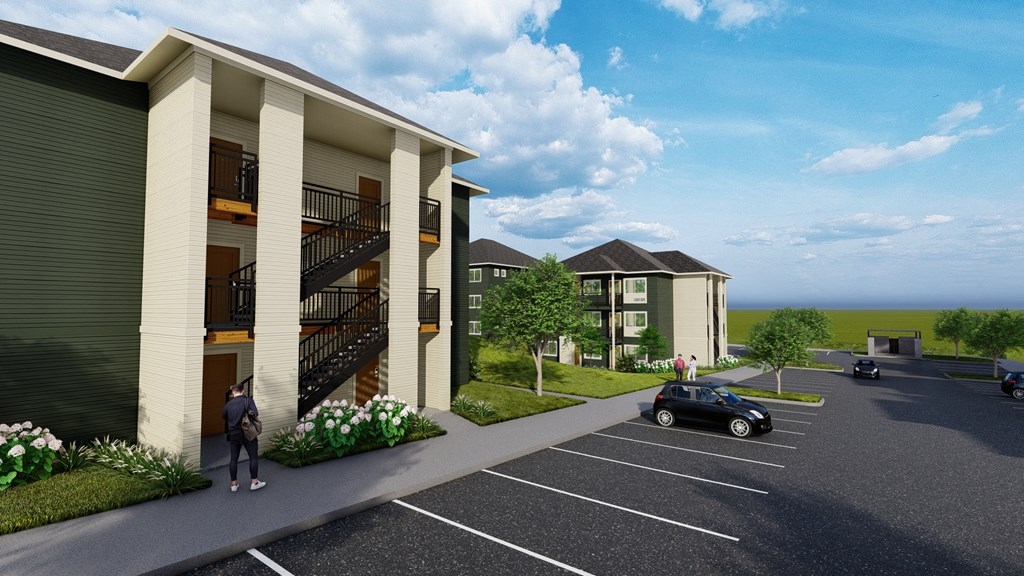 a rendering of a two story apartment building with a car parked in front of it