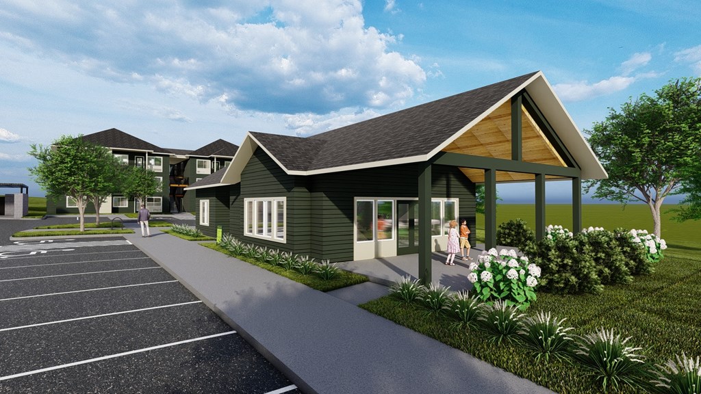 a rendering of a green home with a porch