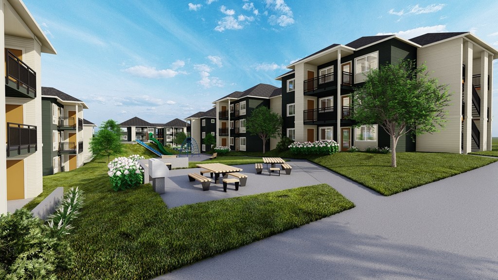 a rendering of an apartment complex with a playground and picnic area
