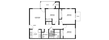 A black and white image of a house floor plan with a living room, two bedrooms, two bathrooms, a patio, and a storage area.