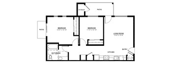A black and white floor plan of a house with two bedrooms, a living room, a kitchen, a bathroom, and a storage area.