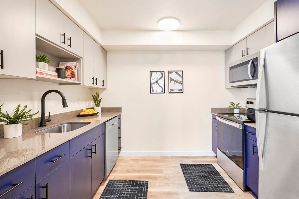a renovated kitchen with blue cabinets and stainless steel appliances