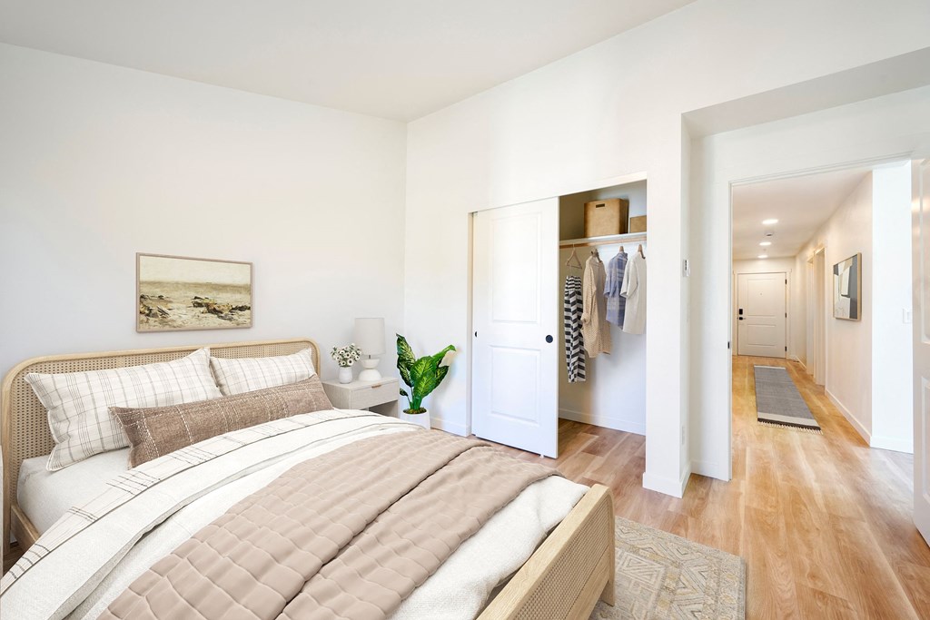 a bedroom with a bed and a closet