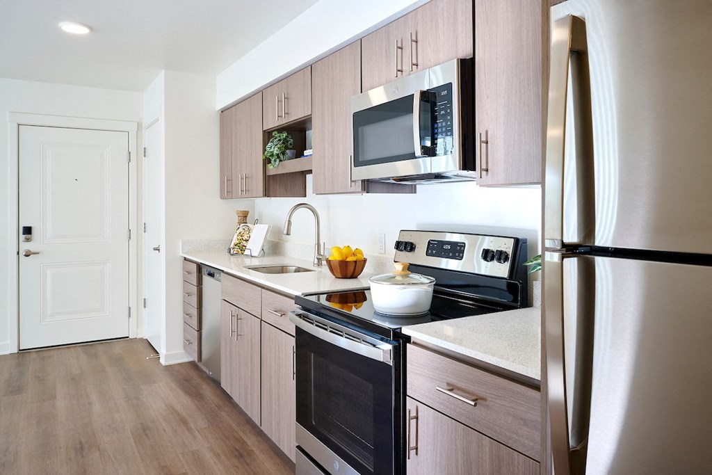 our apartments offer a modern kitchen with stainless steel appliances and wood flooring