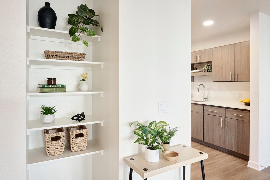 a kitchen with white walls and shelves with plants