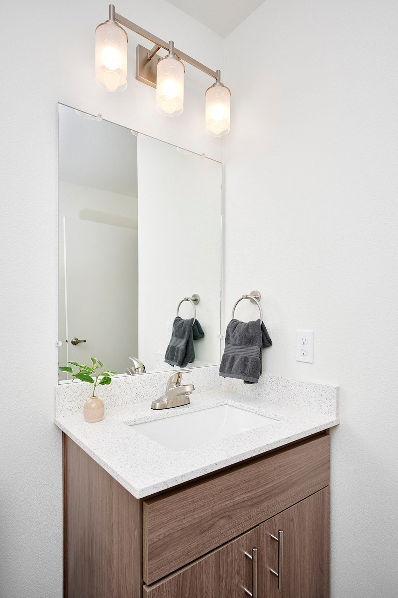 a bathroom with a sink and a large mirror