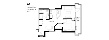 A black and white image of a floor plan for a 711 square foot apartment with one bedroom and one bathroom.