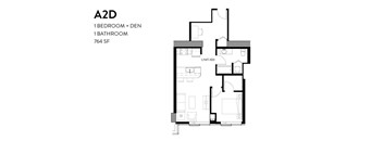 A floor plan of a 764 square foot apartment with one bedroom and one bathroom.
