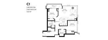 A floor plan of a C1 apartment with 2 bedrooms and 2 bathrooms.