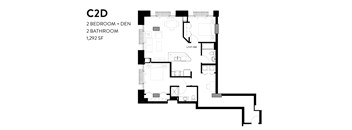 A black and white image of a floor plan for a C2D apartment with 2 bedrooms, 2 bathrooms and 1,292 square feet.