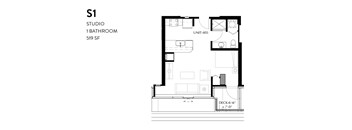 A floor plan of a studio apartment with a bathroom and a kitchen.