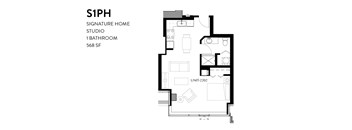 A floor plan of a studio apartment with a bathroom and a signature home studio.
