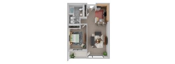 A top-down view of a small apartment with a kitchen, living room, and bathroom.