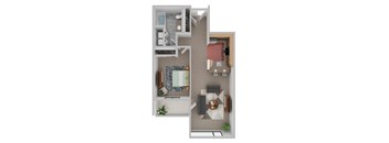 A 3D floor plan of a small apartment with a kitchen, living room, and bathroom.
