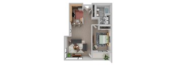 A top down view of a living room, kitchen, and bathroom.