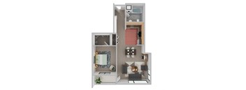 A 3D floor plan of a small apartment with a kitchen, living room, and bathroom.