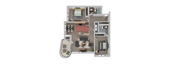A 3D floor plan of a house with a living room, kitchen, and two bedrooms.