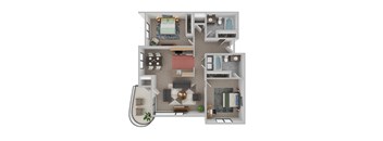 A 3D floor plan of a house with a living room, kitchen, dining room, and bedrooms.