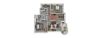A 3D floor plan of a house with a kitchen, living room, dining room, and bathroom.