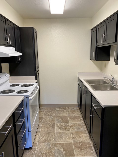 a kitchen with black cabinets and a white stove and sink