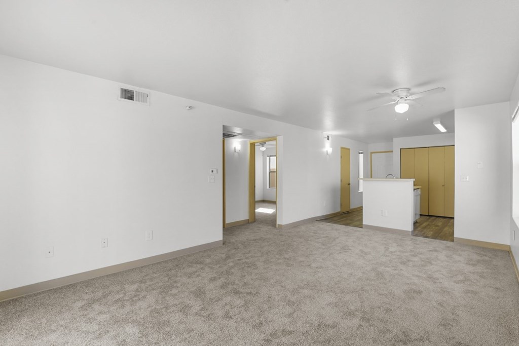 A spacious room with a carpeted floor and a ceiling fan.