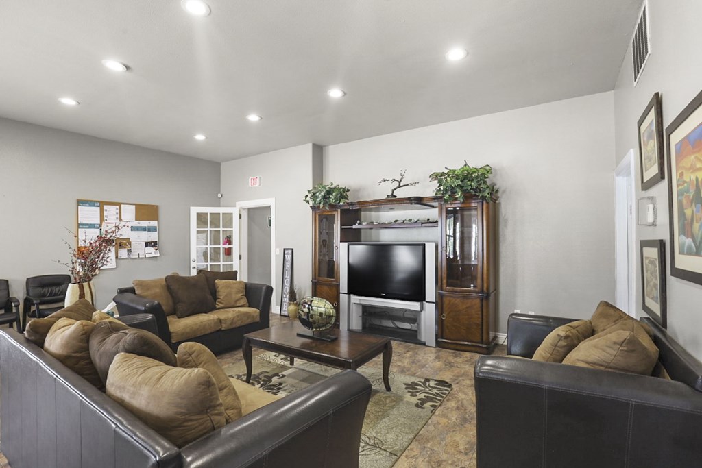 A living room with a brown couch and a television.