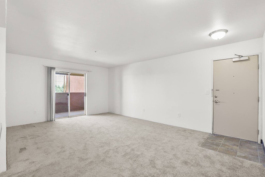 A room with a carpeted floor, a door, and a window with a view of a building outside.