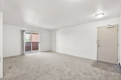 A room with a carpeted floor, a door, and a window with a view of a building outside.