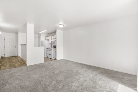 A large, empty room with a carpeted floor and white walls.