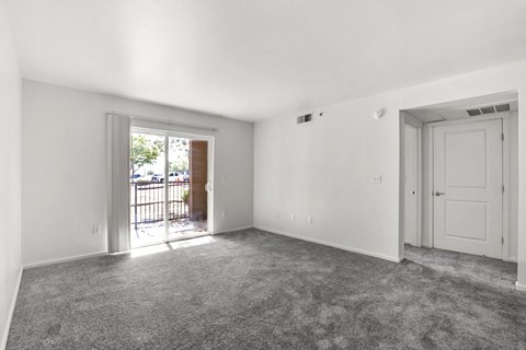 A room with a grey carpet and white walls.