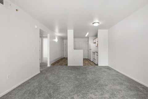 A spacious, empty room with white walls and a grey carpet.