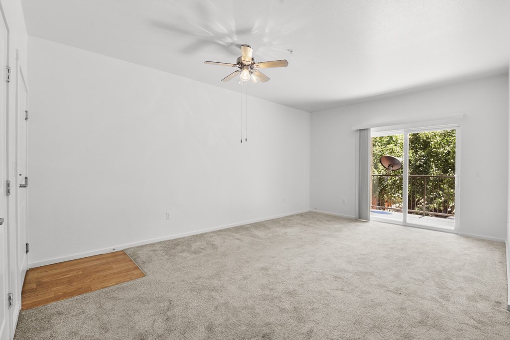 A room with a ceiling fan and a carpeted floor.