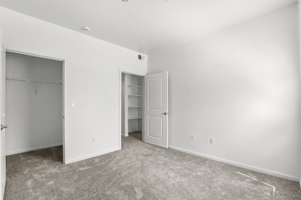 A room with two open doors and carpeted flooring.