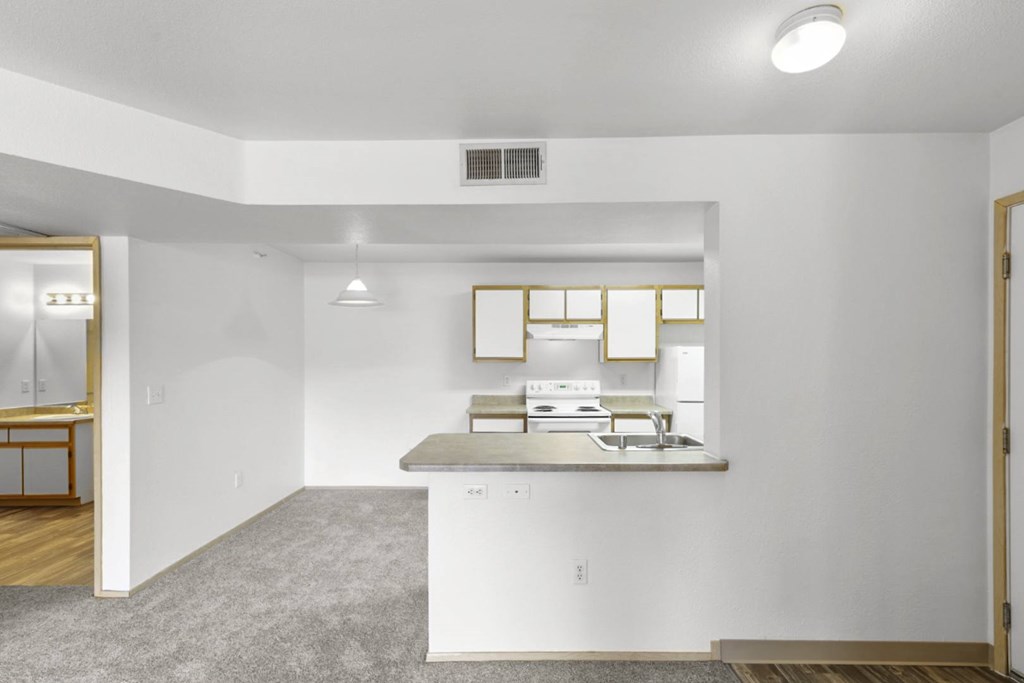 A kitchen with white cabinets and a window above the counter.